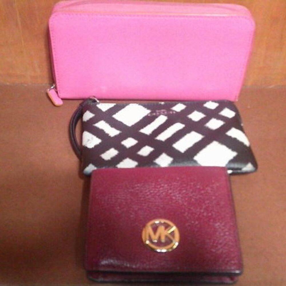 MK Burgundy Small Wallet, Baekgaard Pink Wallet and Coach White Black Wristlet